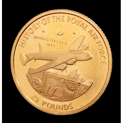 150 - A 2008 RAF 25 POUND 22K GOLD COIN - TO COMMEMERATE THE DAMBUSTERS RAID 1943. 8G. Proof condition. C-... 