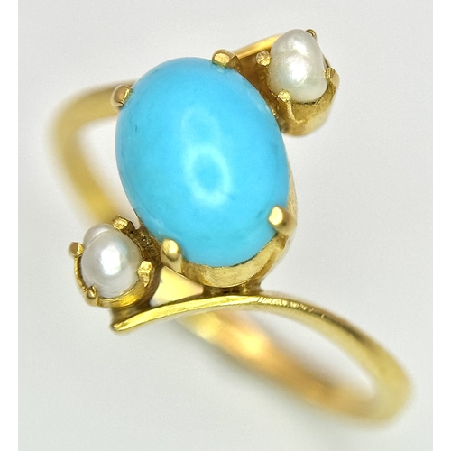 135 - An 18k yellow gold turquoise and pearl ring. 8x6mm turquoise cabochon, 3.3g total weight, size L. 15... 