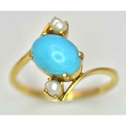 135 - An 18k yellow gold turquoise and pearl ring. 8x6mm turquoise cabochon, 3.3g total weight, size L. 15... 