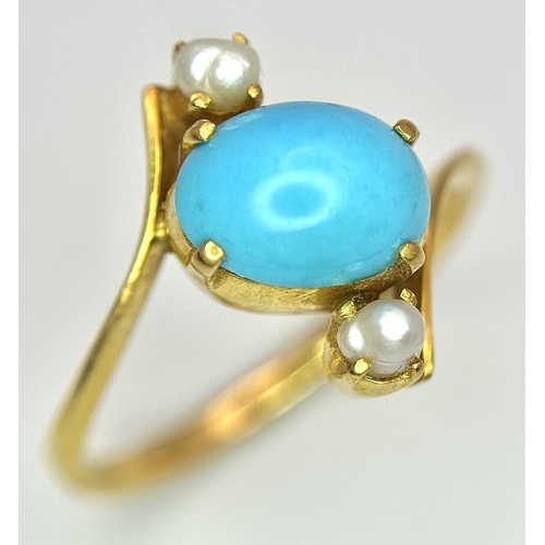 135 - An 18k yellow gold turquoise and pearl ring. 8x6mm turquoise cabochon, 3.3g total weight, size L. 15... 