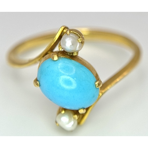 135 - An 18k yellow gold turquoise and pearl ring. 8x6mm turquoise cabochon, 3.3g total weight, size L. 15... 