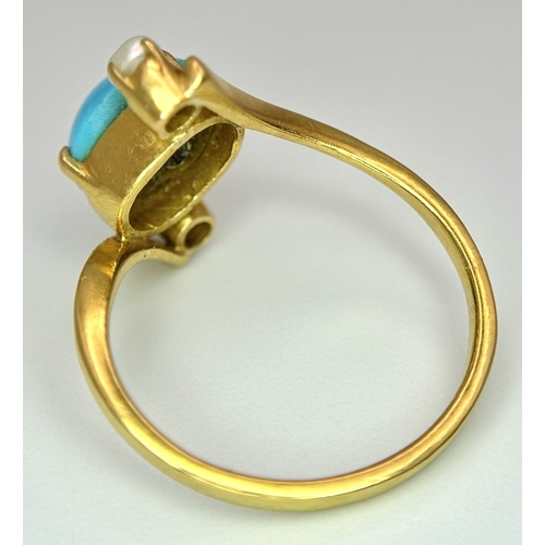135 - An 18k yellow gold turquoise and pearl ring. 8x6mm turquoise cabochon, 3.3g total weight, size L. 15... 