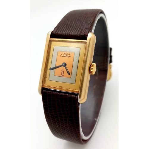 145 - A Cartier Vintage, Gilded 925 Silver Ladies Tank Watch. Model - 166320. Brown leather strap. Tank ca... 
