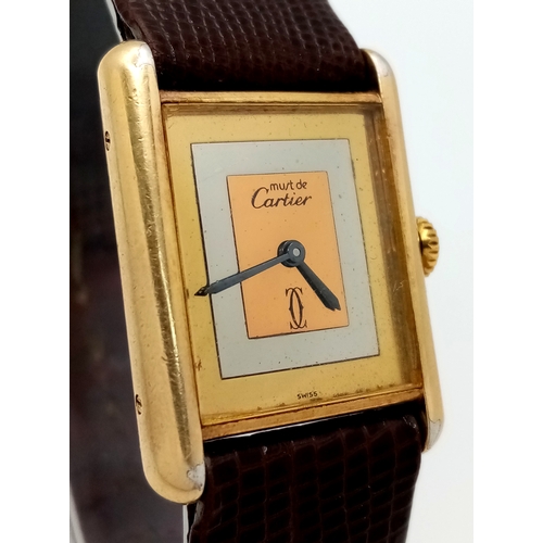 145 - A Cartier Vintage, Gilded 925 Silver Ladies Tank Watch. Model - 166320. Brown leather strap. Tank ca... 