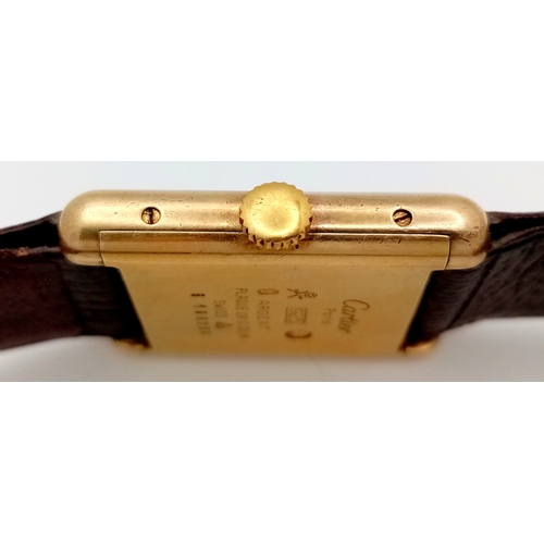 145 - A Cartier Vintage, Gilded 925 Silver Ladies Tank Watch. Model - 166320. Brown leather strap. Tank ca... 
