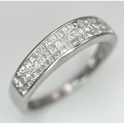 177 - AN 18K WHITE GOLD THREE ROW DIAMOND PRINCESS CUT RING 0.50CT , 2.3G TOTAL WEIGHT, SIZE M 1/2. REF: S... 