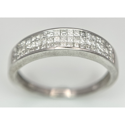 177 - AN 18K WHITE GOLD THREE ROW DIAMOND PRINCESS CUT RING 0.50CT , 2.3G TOTAL WEIGHT, SIZE M 1/2. REF: S... 