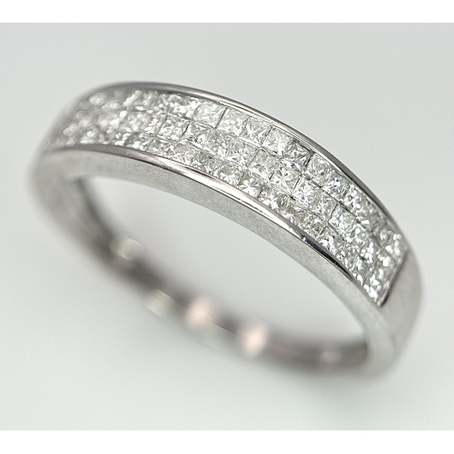 177 - AN 18K WHITE GOLD THREE ROW DIAMOND PRINCESS CUT RING 0.50CT , 2.3G TOTAL WEIGHT, SIZE M 1/2. REF: S... 