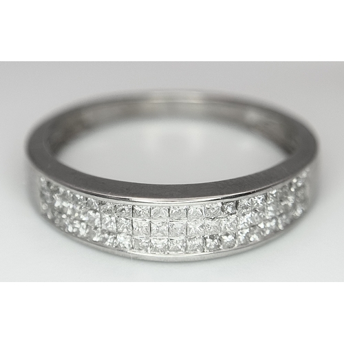 177 - AN 18K WHITE GOLD THREE ROW DIAMOND PRINCESS CUT RING 0.50CT , 2.3G TOTAL WEIGHT, SIZE M 1/2. REF: S... 