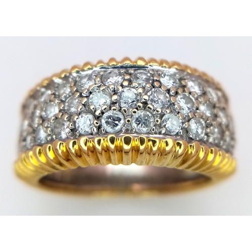 26 - An 18K Yellow Gold Diamond Pave Ring. c.1ctw round brilliant cut diamonds. 11mm width at front. Size... 
