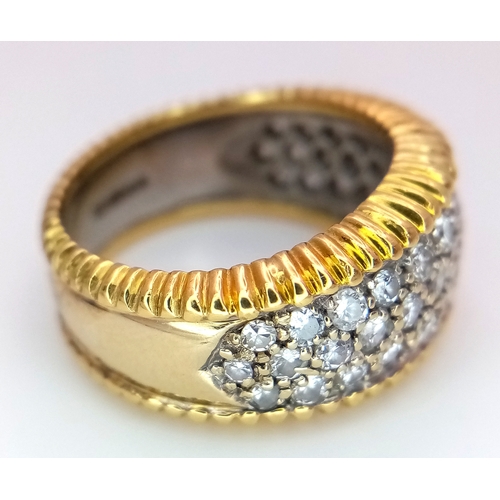 26 - An 18K Yellow Gold Diamond Pave Ring. c.1ctw round brilliant cut diamonds. 11mm width at front. Size... 
