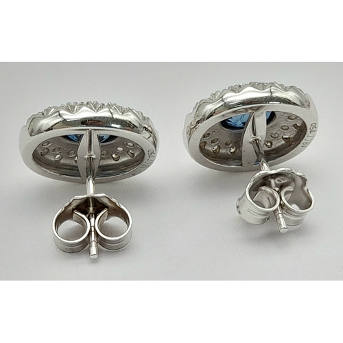 13 - A PAIR OF 18K WHITE GOLD DIAMOND & SAPPHIRE OVAL STUD EARRINGS 6.5G TOTAL WEIGHT, 1CM x 1.2CM. REF: ... 