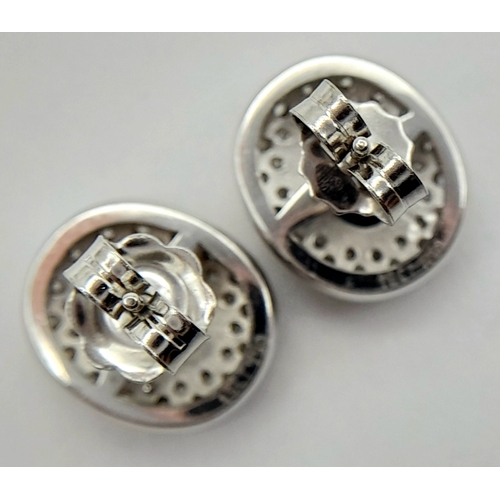 13 - A PAIR OF 18K WHITE GOLD DIAMOND & SAPPHIRE OVAL STUD EARRINGS 6.5G TOTAL WEIGHT, 1CM x 1.2CM. REF: ... 