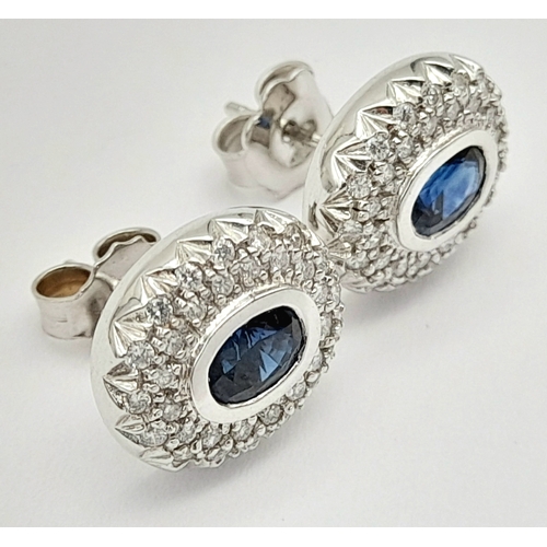 13 - A PAIR OF 18K WHITE GOLD DIAMOND & SAPPHIRE OVAL STUD EARRINGS 6.5G TOTAL WEIGHT, 1CM x 1.2CM. REF: ... 