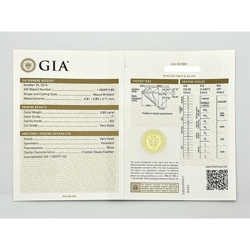 138 - A GIA Certified Diamond Solitaire Ring. 0.80ct round brilliant cut diamond - SI2. F colour. Size I 1... 