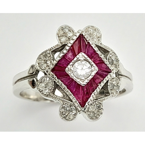 58 - AN 18K WHITE GOLD VINTAGE DIAMOND & RUBY RING 4.4G TOTAL WEIGHT, SIZE N. REF: A/S 1221 - 1