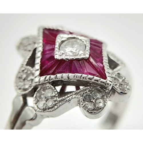 58 - AN 18K WHITE GOLD VINTAGE DIAMOND & RUBY RING 4.4G TOTAL WEIGHT, SIZE N. REF: A/S 1221 - 1