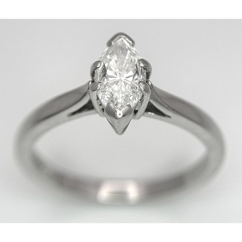 174 - A 950 Platinum, Diamond Solitaire Ring. 0.77ct Marquise cut. VS2. E colour. Comes with two certifica... 