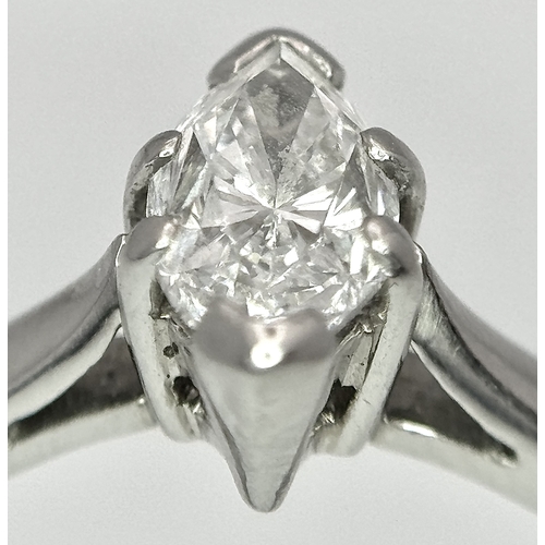 174 - A 950 Platinum, Diamond Solitaire Ring. 0.77ct Marquise cut. VS2. E colour. Comes with two certifica... 