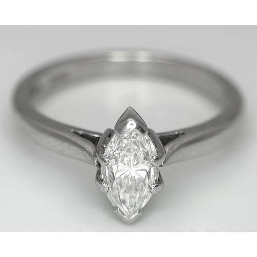 174 - A 950 Platinum, Diamond Solitaire Ring. 0.77ct Marquise cut. VS2. E colour. Comes with two certifica... 