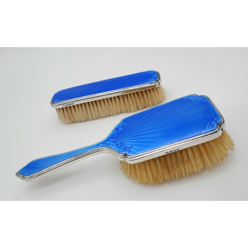 20 - A Gorgeous Vintage Set of Sterling Silver Dressing Table Brushes. Blue enamel guilloche decoration. ... 