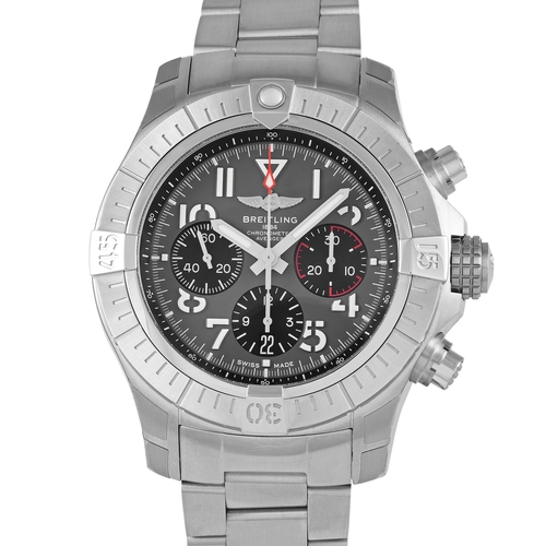 A Breitling Avenger B01 Chronograph Watch. Limited edition grey-dialed ref.AB0182, with only 500 examples made. Stainless steel case  45mm, automatic caliber B01 movement. Steel unidirectional rotating bezel has four 15-minute markers, grey dial with luminous hands, Arabic numeral hour markers, and three chronograph subdials. The 12-hour counter at 6 has an integrated date window. Stainless steel Breitling bracelet. Comes with a gift box in excellent condition.
*This item is held at Cadmore USA Office in Pennsylvania, USA and will be shipped from there. Buyers will be responsible for direct shipping payment.*