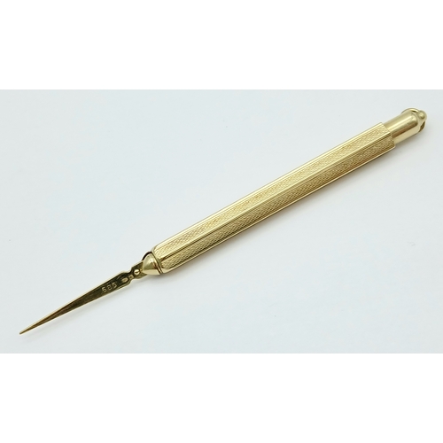 129 - A Fascinating 14K Gold Retractable Toothpick Pendant! 6.5cm retracted. 6.1g.