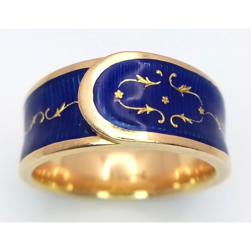 130 - A Gorgeous 18k Yellow Gold and Blue Enamel Ring in Belt Form. Size L 1/2. 9.8g.