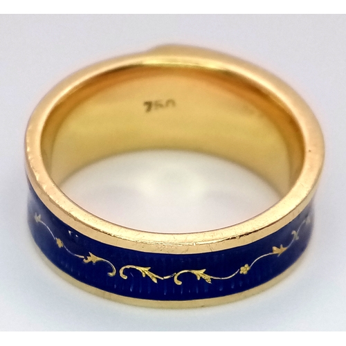 130 - A Gorgeous 18k Yellow Gold and Blue Enamel Ring in Belt Form. Size L 1/2. 9.8g.