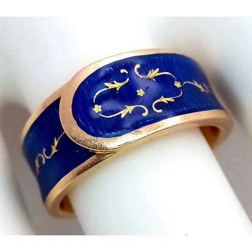 130 - A Gorgeous 18k Yellow Gold and Blue Enamel Ring in Belt Form. Size L 1/2. 9.8g.
