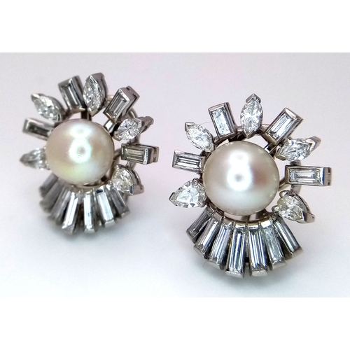 157 - A Pair of Sophisticated, Art Deco Platinum, Pearl and Diamond Earrings. The pair having 32 diamonds ... 