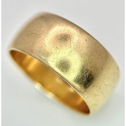179 - A 9K Yellow Gold Band Ring. 9mm band width. Size R. 7.33g weight.