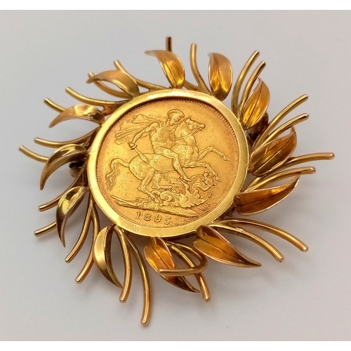 52 - An 1895 Queen Victoria Full 22K Gold Sovereign Coin Brooch - In a 9K Gold Sunburst Setting. 17.1 g t... 