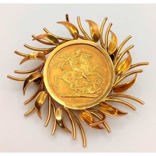 52 - An 1895 Queen Victoria Full 22K Gold Sovereign Coin Brooch - In a 9K Gold Sunburst Setting. 17.1 g t... 