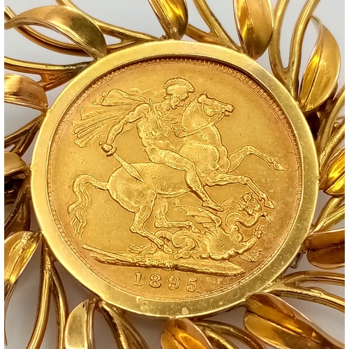 52 - An 1895 Queen Victoria Full 22K Gold Sovereign Coin Brooch - In a 9K Gold Sunburst Setting. 17.1 g t... 