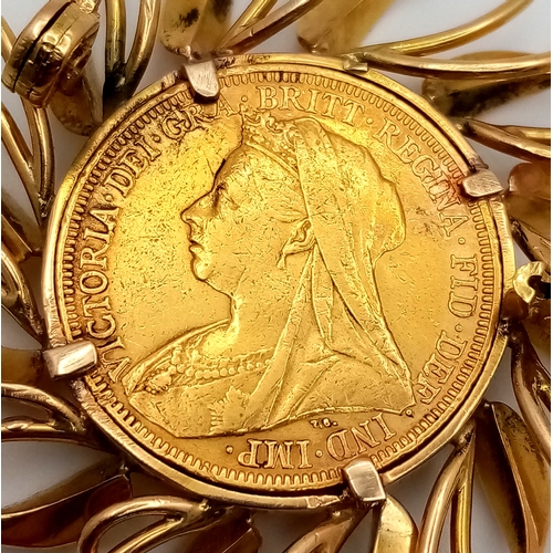 52 - An 1895 Queen Victoria Full 22K Gold Sovereign Coin Brooch - In a 9K Gold Sunburst Setting. 17.1 g t... 