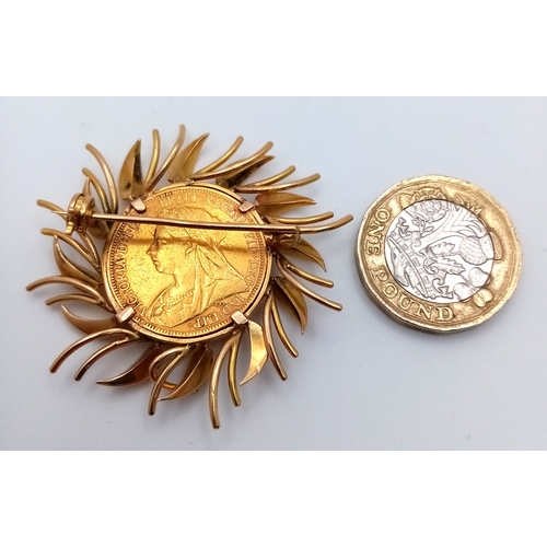 52 - An 1895 Queen Victoria Full 22K Gold Sovereign Coin Brooch - In a 9K Gold Sunburst Setting. 17.1 g t... 