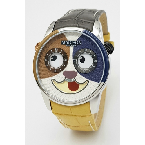 127 - A Maddison of New York Cat-Face Quartz Unisex Watch. Two tone leather strap. Stainless steel case - ... 