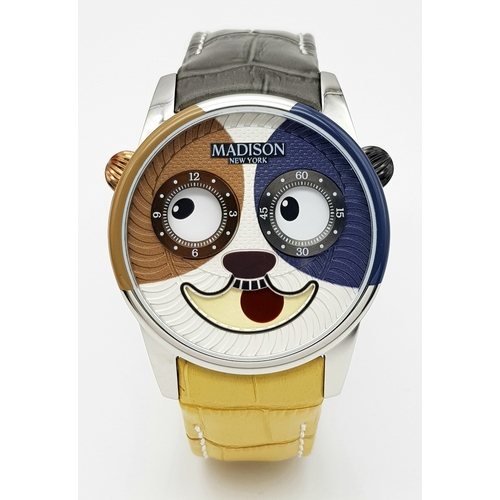127 - A Maddison of New York Cat-Face Quartz Unisex Watch. Two tone leather strap. Stainless steel case - ... 