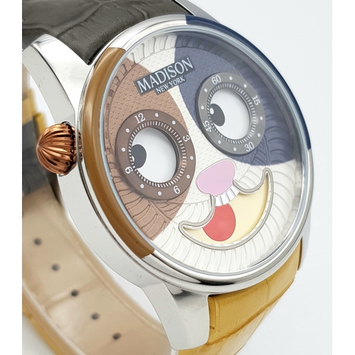 127 - A Maddison of New York Cat-Face Quartz Unisex Watch. Two tone leather strap. Stainless steel case - ... 
