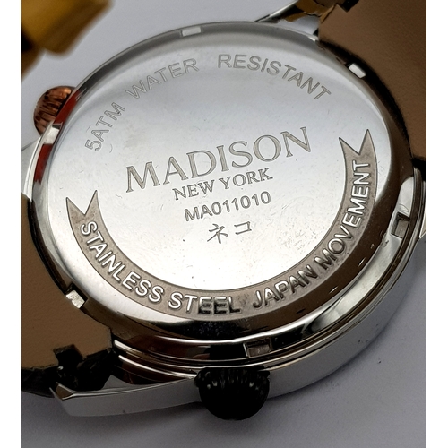 127 - A Maddison of New York Cat-Face Quartz Unisex Watch. Two tone leather strap. Stainless steel case - ... 