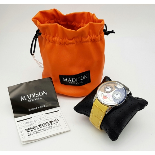 127 - A Maddison of New York Cat-Face Quartz Unisex Watch. Two tone leather strap. Stainless steel case - ... 