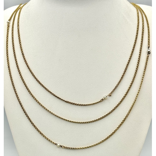 137 - A Vintage 18K Gold (tested) Fancy Link and Pearl, Rope Length Necklace. 96cm. 12.1g.