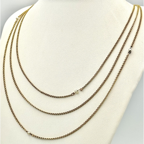 137 - A Vintage 18K Gold (tested) Fancy Link and Pearl, Rope Length Necklace. 96cm. 12.1g.