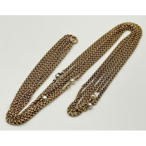 137 - A Vintage 18K Gold (tested) Fancy Link and Pearl, Rope Length Necklace. 96cm. 12.1g.