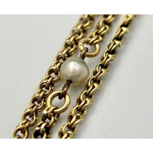 137 - A Vintage 18K Gold (tested) Fancy Link and Pearl, Rope Length Necklace. 96cm. 12.1g.