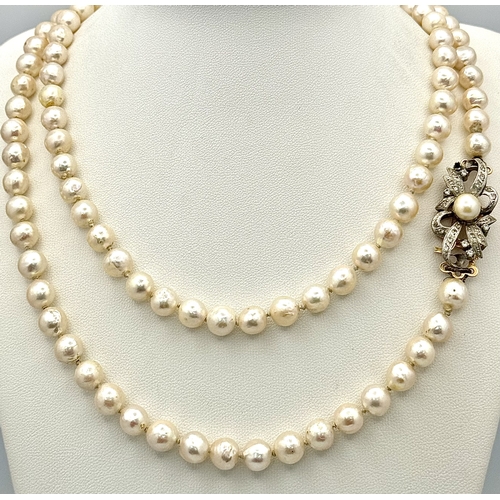144 - A Vintage Single Strand Pearl Necklace with Elaborate 18K Gold Clasp. Pearls 6/7mm. 90cm. 40mm x 15m... 