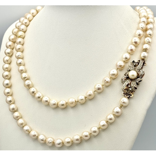 144 - A Vintage Single Strand Pearl Necklace with Elaborate 18K Gold Clasp. Pearls 6/7mm. 90cm. 40mm x 15m... 