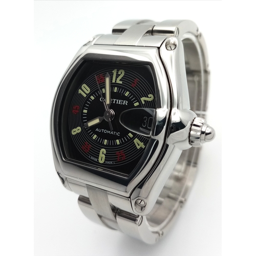 134 - A Cartier Automatic Roadster Gents Watch. Stainless steel bracelet and case - 38mm. Black dial with ... 