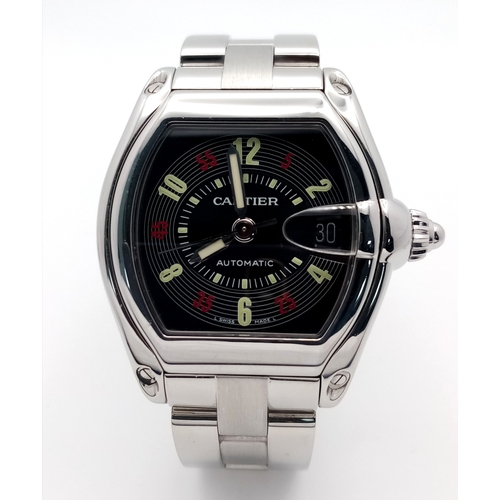 134 - A Cartier Automatic Roadster Gents Watch. Stainless steel bracelet and case - 38mm. Black dial with ... 